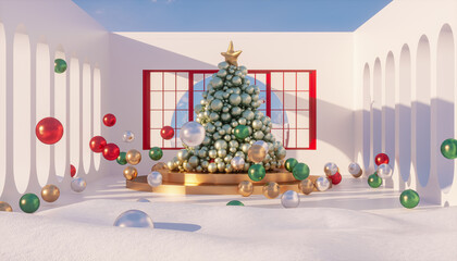 Leinwandbilder - Winter Christmas podium backdrop for product display with snow landscape background. 3d rendering