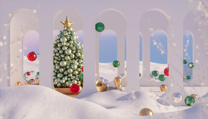 Leinwandbilder - Winter Christmas podium backdrop for product display with snow landscape background. 3d rendering
