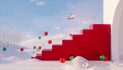 Poster - Winter Christmas podium backdrop for product display with snow landscape background. 3d rendering