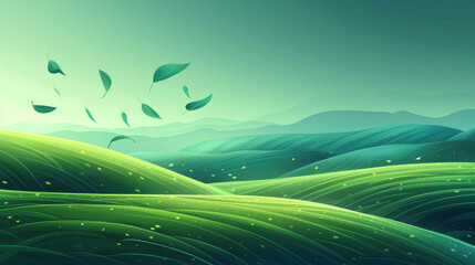 Wall Mural - A green field with leaves flying in the air