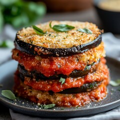 Vegan eggplant parmesan, layered with marinara sauce and vegan mozzarella, baked until golden brown, Vegan eggplant parmesan, classic comfort