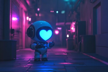 Wall Mural - Robot under nightclub lights showing a glowing blue heart blending nightlife with futuristic vibes