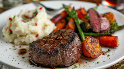 Gourmet steak dinner with sides of roasted vegetables and mashed potatoes, elegantly plated for a fine dining experience