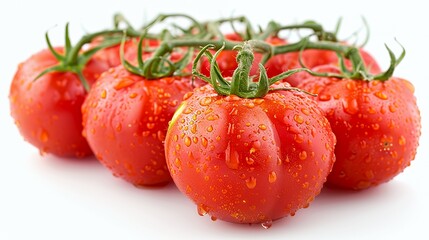 A group of fresh, ripe tomatoes with water droplets on a white background.