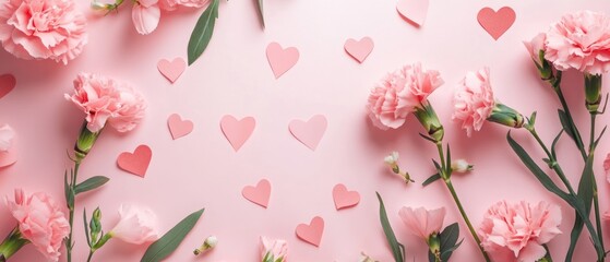 Poster - Pink Carnations and Hearts on a Pink Background