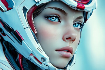 Poster - Striking portrait of a futuristic woman with robotic enhancements and vivid blue eyes