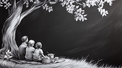 Wall Mural - A drawing of a family sitting under the tree with their picnic blanket, AI