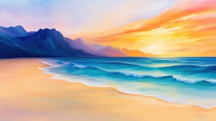 Canvas Print - A painting of a sunset on the beach with mountains in background, AI