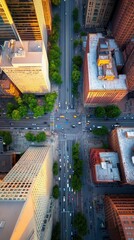 Wall Mural - Aerial of a vibrant downtown area at midday, with busy streets, public squares, and high-rise buildings, capturing the energy and life of the city