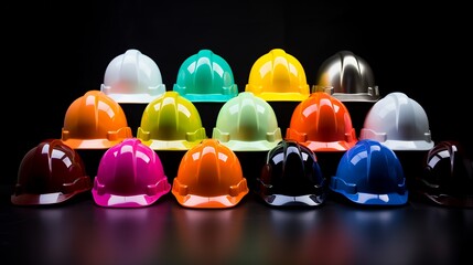 A colorful display of safety helmets arranged in a creative pattern.