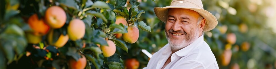 Sticker - A smiling farmer in a hat tends to an orchard, picking fresh apples during summer harvest.