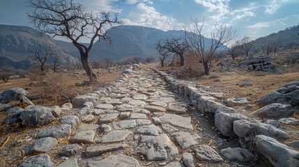 Ancient cobblestone pathway through a rocky landscape with barren trees and mountains in daylight