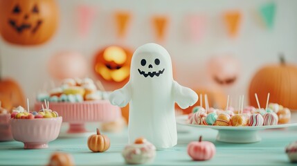 Canvas Print - Halloween Ghost Decoration with Candy and Pumpkins.