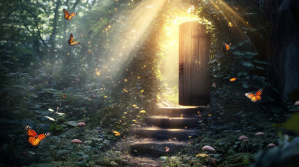 A fantasy scene set in an enchanted fairy tale forest, featuring a magical, secret wooden door slightly ajar, revealing a staircase that leads to a mystical, shining light beyond the gate. The woods