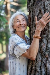 Sticker - An attractive senior woman smiling in a park, hugging a tree, enjoying leisure outdoors.