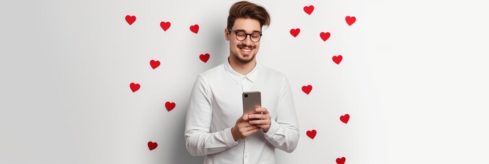 Stylish, cheerful man holding smartphone, smiling and chatting with a Valentine hearts background, looking happy.