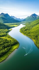 Aerial of a serene river winding through a lush green valley, with small boats drifting along and reflections of the surrounding mountains in the calm water