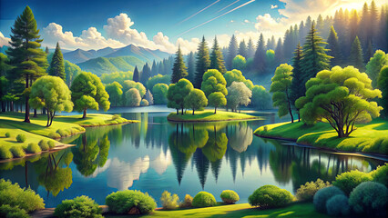 Wall Mural - The sun rises over a peaceful lake reflecting vibrant trees and distant mountains, creating a serene atmosphere in nature's untouched beauty