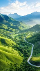 Wall Mural - Aerial of a mountainous region with winding roads and small villages nestled in the valleys, highlighting the rugged beauty of the terrain