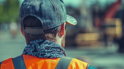 Aufkleber - A construction worker stands with a reflective vest and a cap, watching ongoing tasks at a worksite on a sunny day.