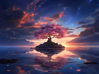 Wall Mural - A solitary pink tree reflects beautifully in the calm waters, surrounded by dramatic clouds and a mesmerizing starry sky at sunset