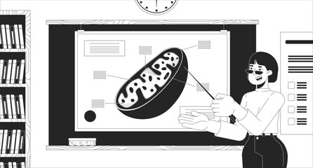 Biology teacher showing cell structure in classroom black and white line illustration. Asina tutor school personnel 2D character monochrome background. Biology lesson teaching outline vector image