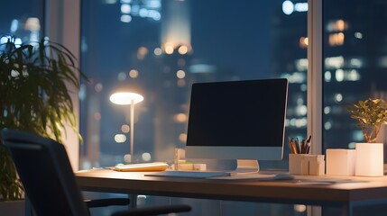 Boss setting work boundaries with an employee, detailed office setting, modern desk with a computer, soft office lighting, blurred cityscape view in the background, professional and supportive mood