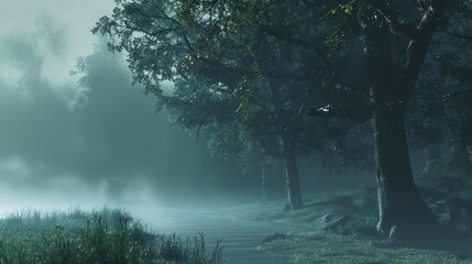 Wall Mural - Dense fog rolling over a serene forest, creating a mystical and peaceful atmosphere