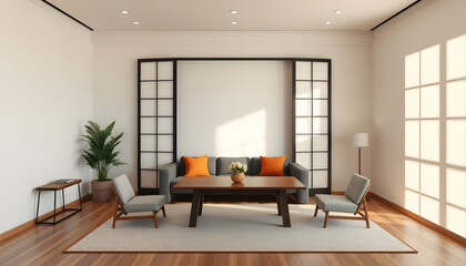 Sticker - Stylish room interior with table, sofa and folding screen isolated with white highlights, png