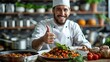 © LuvTK - A smiling chef giving a thumbs up in a bustling kitchen, holding a perfectly plated dish with vibrant colors, surrounded by pots, pans, and fresh herbs, captured in high resolution with natural light.
