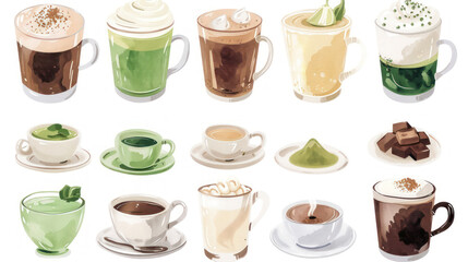 Collection of coffee and tea beverages featuring mocha, green tea, hot chocolate, black coffee, matcha, cappuccino, and flat white