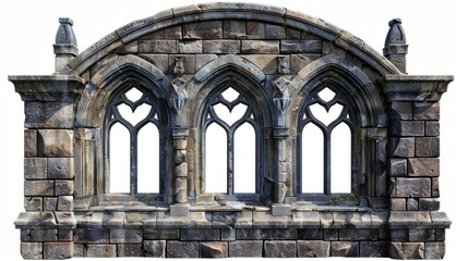 Detailed Gothic stone window with multiple arches and intricate designs in daylight