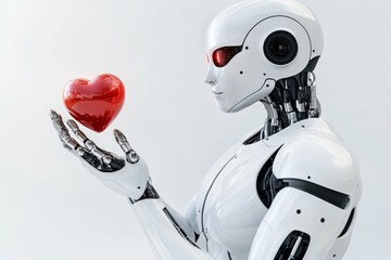 Sticker - Black and white humanoid robots sharing a heart epitomizing technological harmony and emotional connection