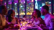 © Korawan - Photography of joyful, group dining, restaurant promotion, closeup shot, city skyline background, vibrant colors, AI Generative