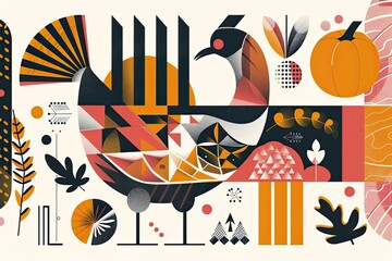 Wall Mural - A Thanksgiving banner that uses geometric shapes and patterns to create a modern artistic interpretation of classic fall themes