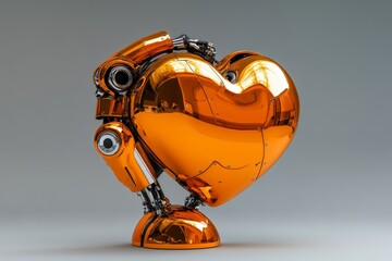 Sticker - Metallic orange heart suspended by robotic appendages showcasing the intersection of hard tech and soft emotions