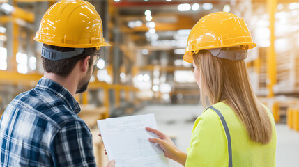 Businessman and businesswoman discussing plan in a factory hall