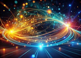 vibrant glowing lines of light and swirling digital particles illuminate a dark mysterious backgroun
