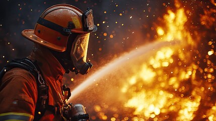 Firefighter battling blaze with hose. This image depicts a firefighter courageously facing a fiery inferno, showcasing the bravery and dedication of these professionals.