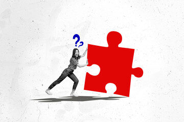 Wall Mural - creative collage young woman puzzle solve problem dilemma connect separated part incomplete game log