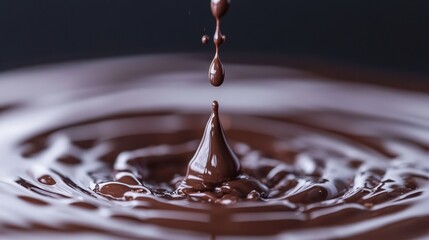 Macro shot of a chocolate drop falling into a pool, creating a splash and ripples, capturing the decadent richness and luxury of fine chocolate in a artistic frame.