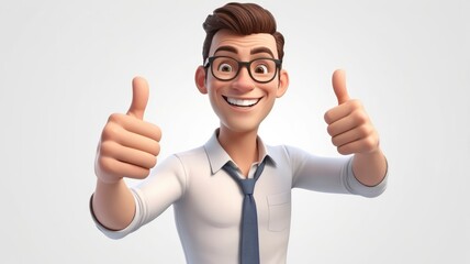 Cheerful 3D style man with thumbs up, smiling on white background