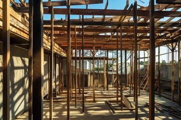 A large empty room with wooden beams and a lot of space, unfinished and has a lot of debris on the floor