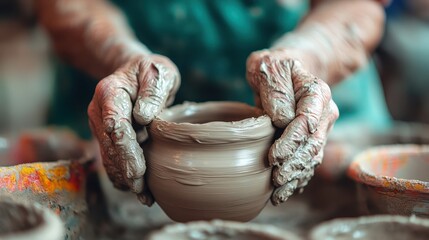 A close-up of skilled hands molding a clay pot on a wheel, showcasing the artistic process and tactile nature of pottery creation with earthy tones and wet clay.