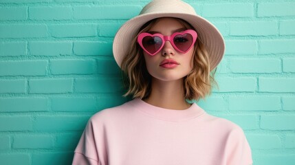 A young woman wearing heart-shaped sunglasses and a wide-brim hat stands against a turquoise brick wall, exuding a summery, carefree vibe in a pink outfit.