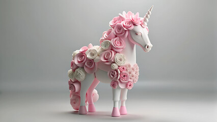 Wall Mural - Pink and white 3D floral sculpture with a unicorn horse.