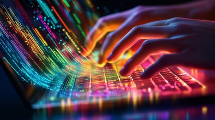 Wall Mural - fingers flew over a glowing keyboard, coding vibrantly against a dark backdrop in intense focus.