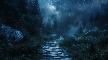 Serene stone path winding through a misty forest at night under a starlit sky