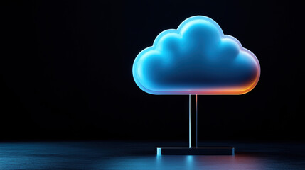 3D rendering of a neon glowing cloud symbol on a dark background, representing cloud computing and online storage with vibrant colors.