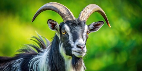 A majestic black and white muscular breed goat with prominent horns stands in profile against a vibrant green background, symbolizing strength and sacrifice.